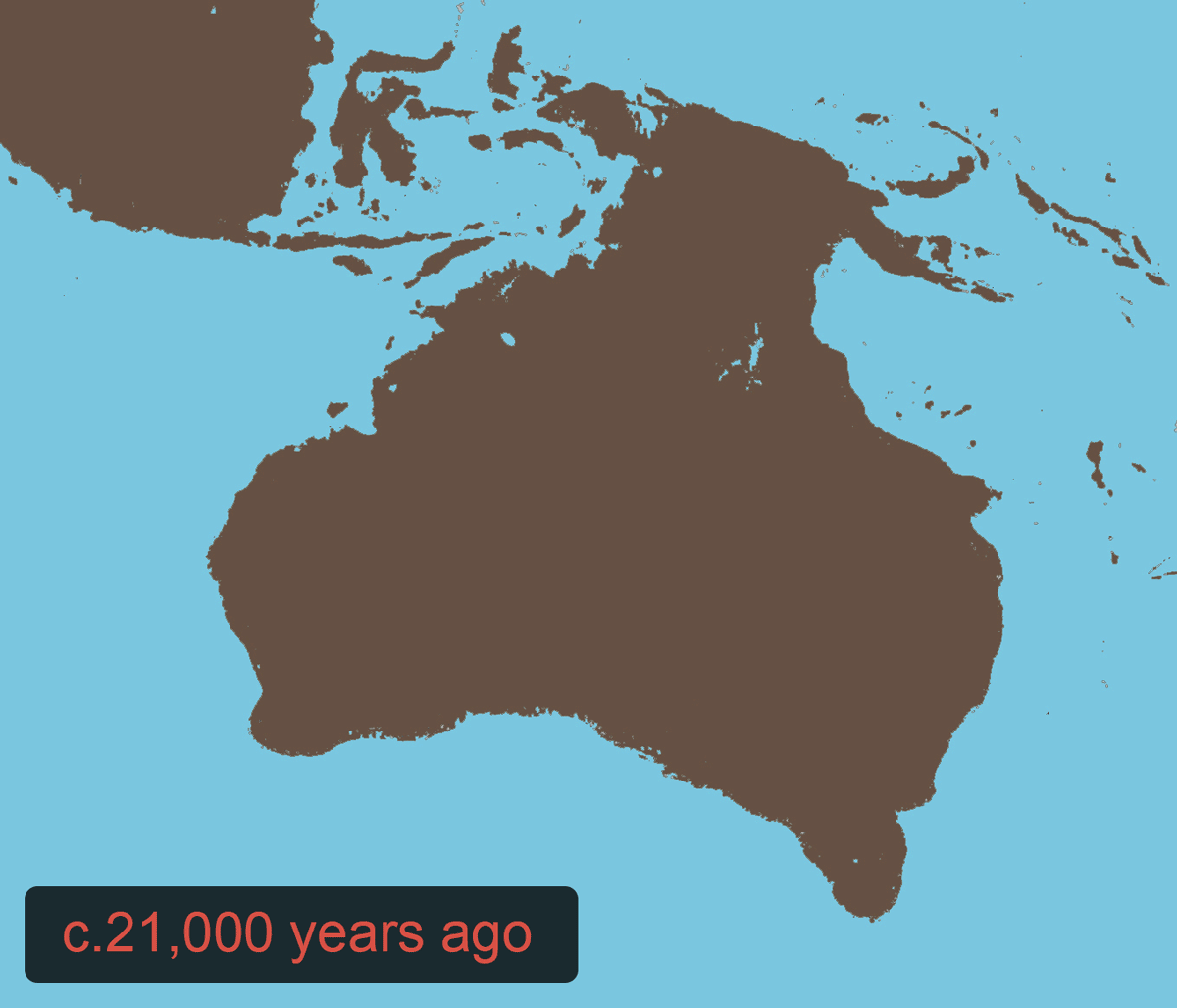 Animated map showing the changing coastline of Sahul from today to ...